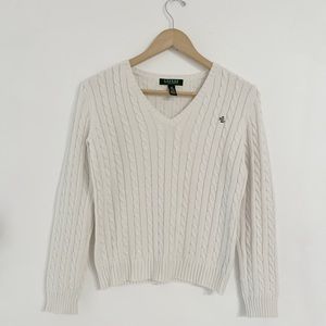 Ralph Lauren Cable Knit V-Neck Sweater White Like New